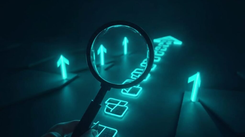 Lupa enfocando una flecha entre múltiples opciones — cómo elegir agencia de performance marketing en Chile