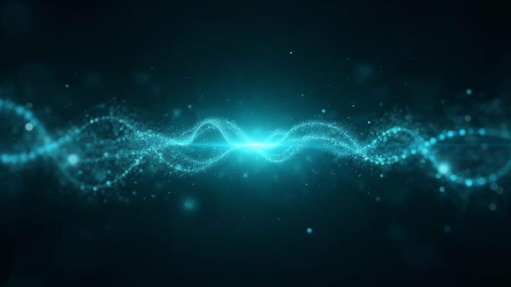 Dos olas de partículas digitales convergiendo en un punto central — comparación entre Google Ads y Meta Ads en Chile