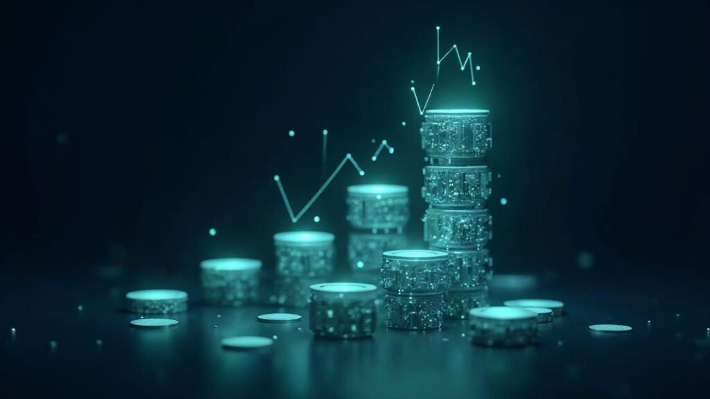 Concepto financiero abstracto con monedas digitales y gráficos de crecimiento — precios de agencia de marketing digital en Chile